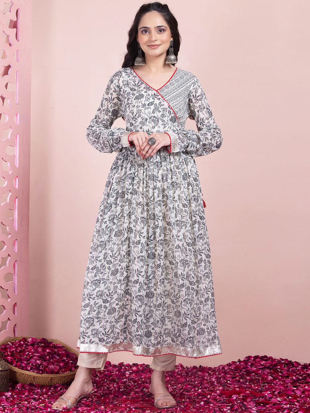INDYA Printed Pure Cotton Anarkali Kurta, White
