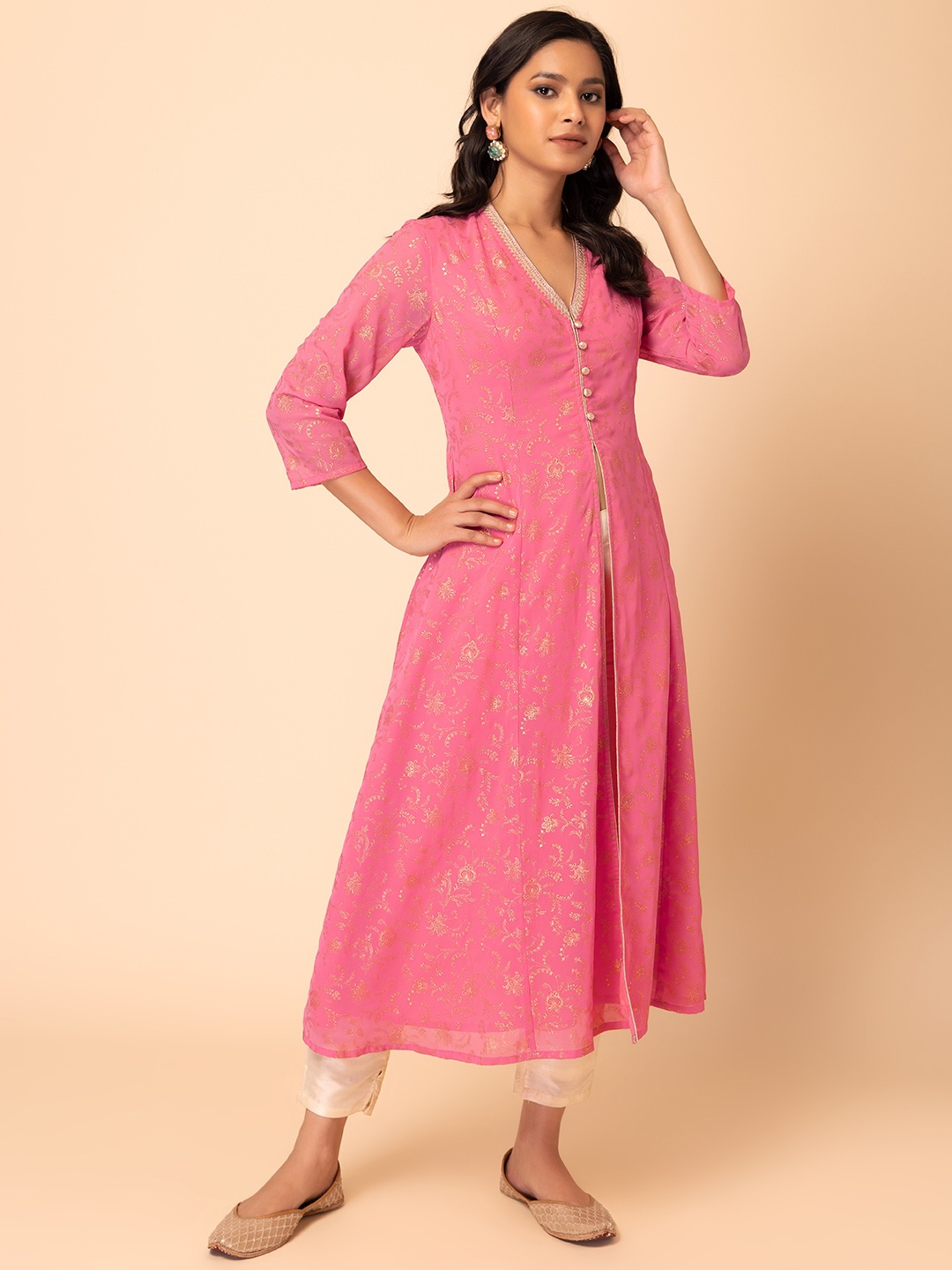 

INDYA V Neck Floral Foil-Printed A-Line Kurta, Pink