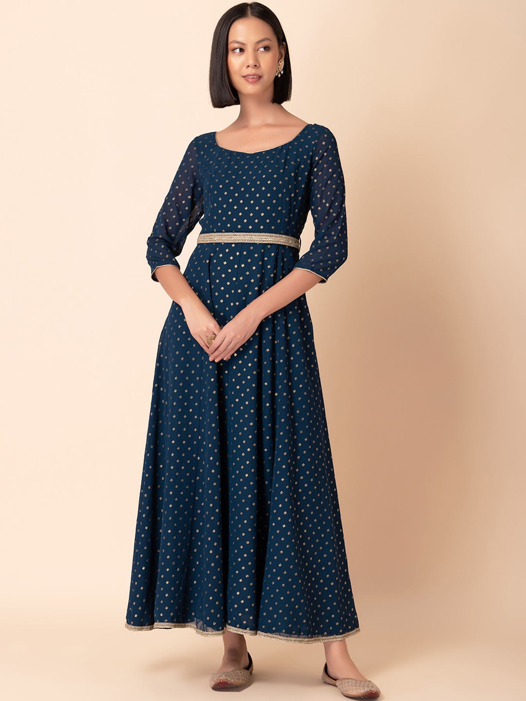 

INDYA Ethnic Motifs Printed Anarkali Ethnic Dress With Belt, Blue