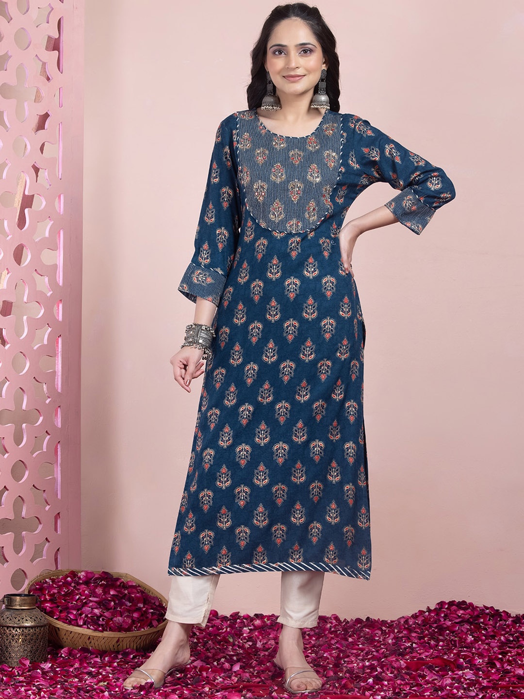 

INDYA Round Neck Floral Embroidered A-Line Kurta, Blue