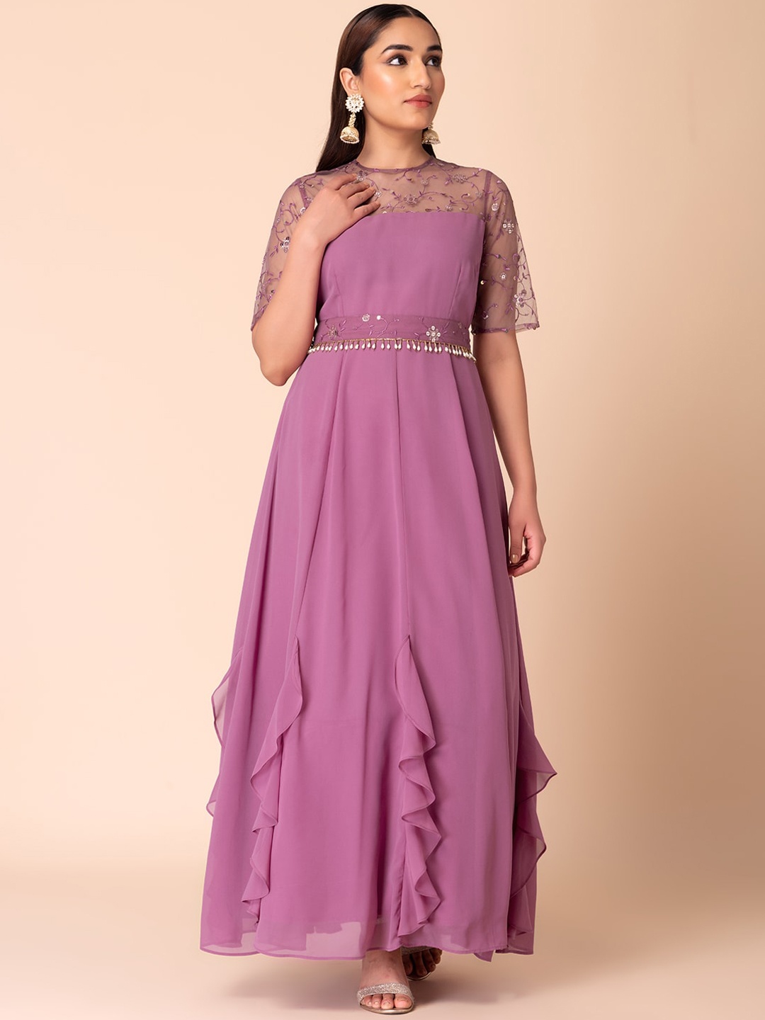 

INDYA Embroidered Anarkali Ethnic Dress With Embroidered Belt, Purple