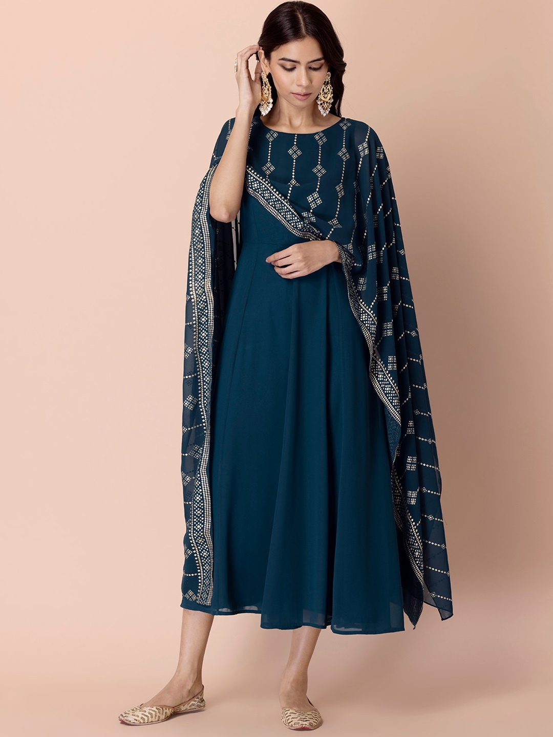 

INDYA Round Neck Foil-Printed A-Line Kurta, Blue