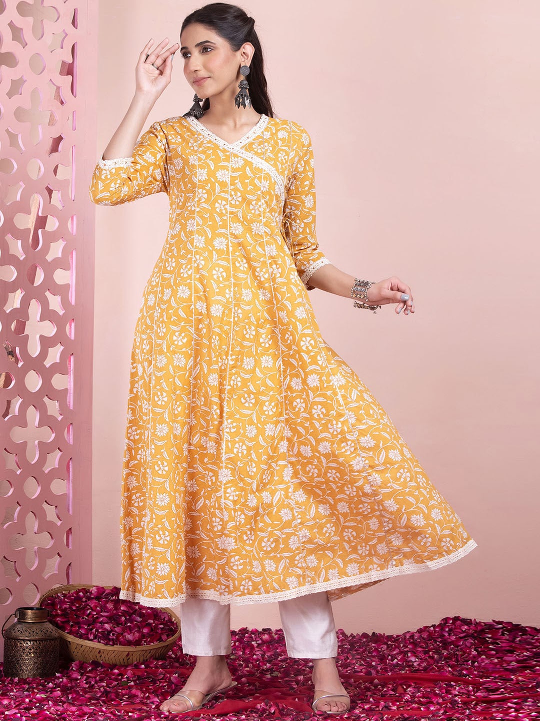 

INDYA Printed Pure Cotton Angrakha Kurta, Yellow