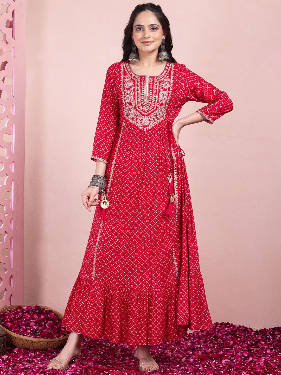 INDYA Bandhani Printed & Embroidered Tiered Ethnic Dress, Pink