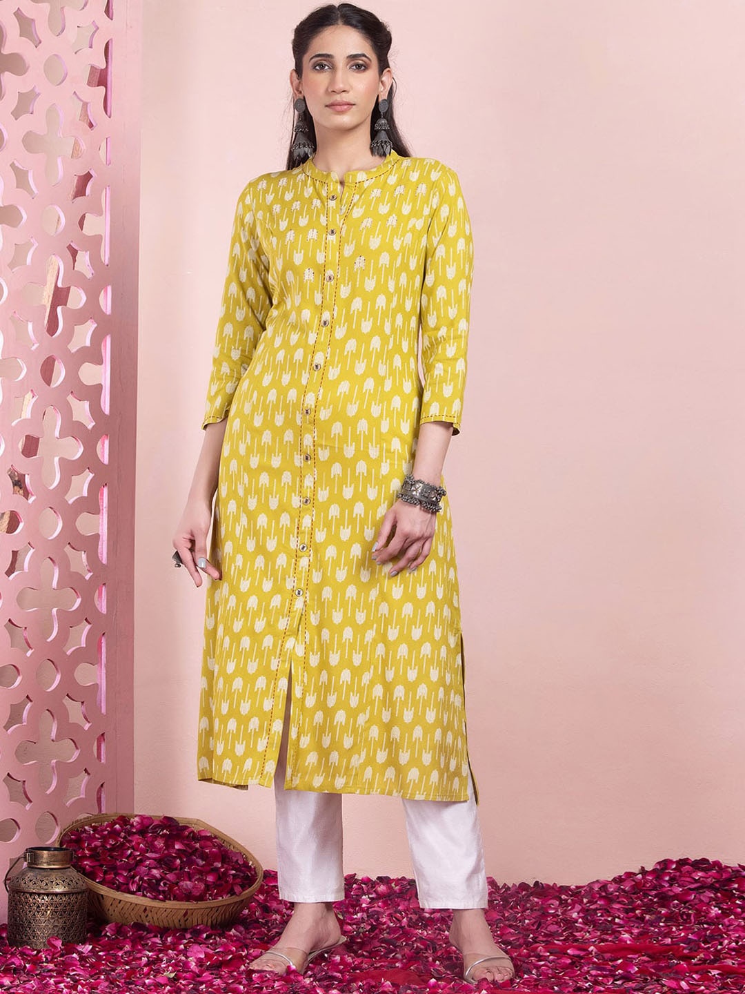 

INDYA Ikat Printed Front Slit Kurta, Green