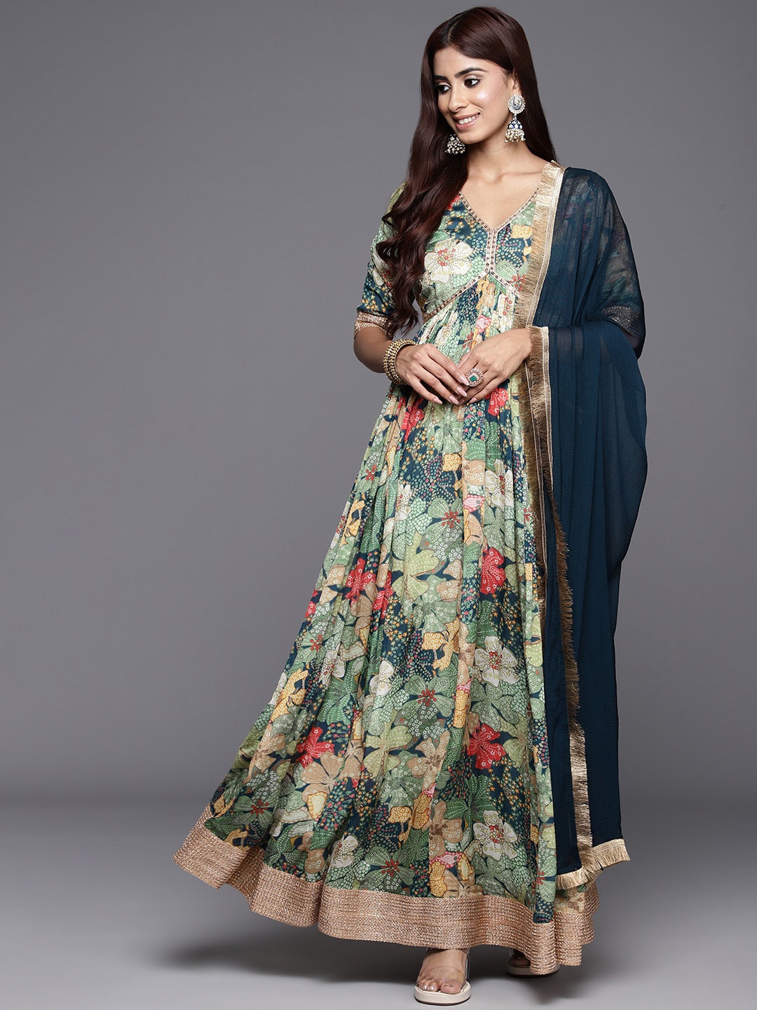 Mitera Floral Printed V Neck Sequinned Anarkali Kurta With Dupatta, Teal