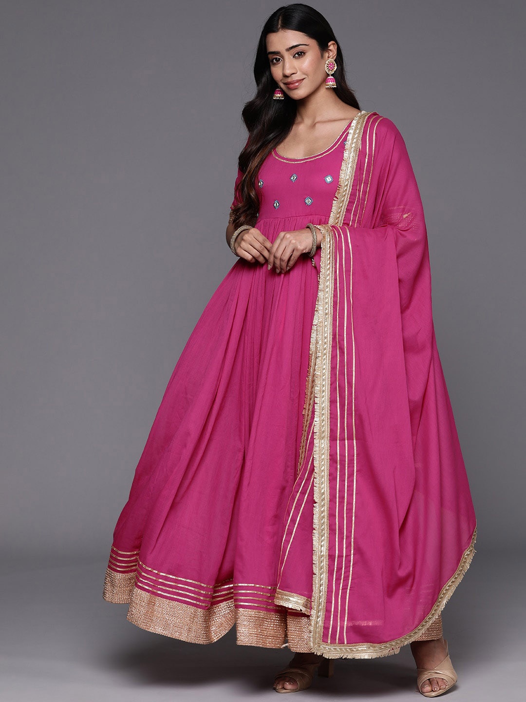 

Mitera Geometric Embroidered Round Neck Long Sleeves Thread Work Anarkali Cotton Kurta, Pink