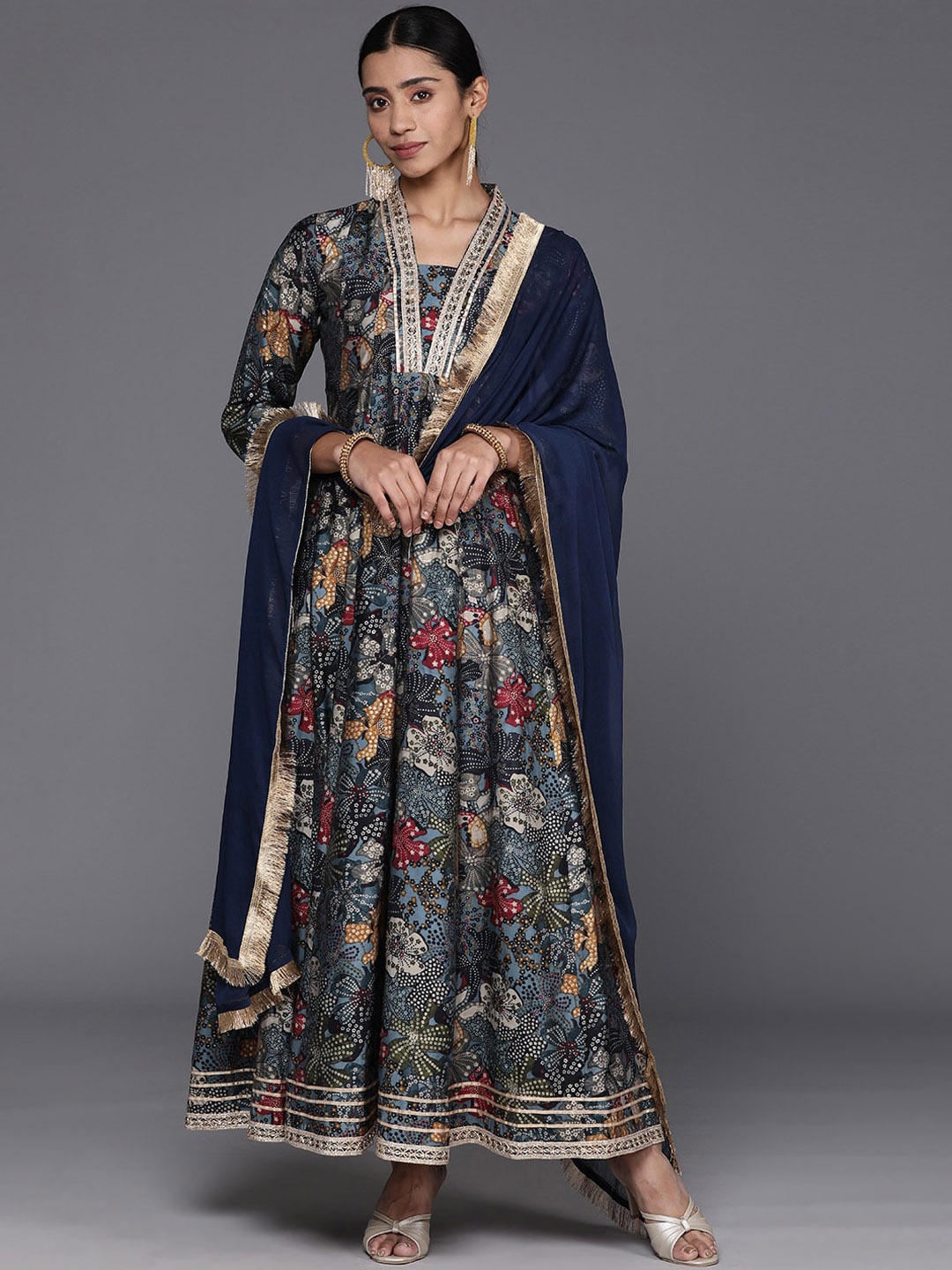 

Mitera Floral Printed V Neck Anarkali Kurta With Dupatta, Navy blue