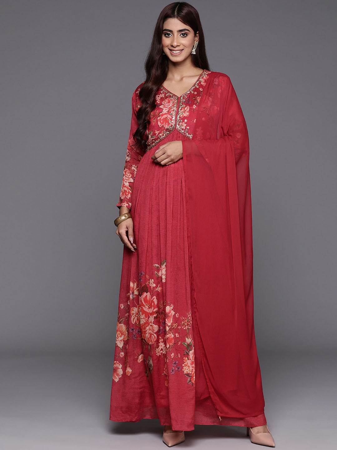 

Mitera Floral Printed V Neck Beads And Stones Anarkali Kurta, Red