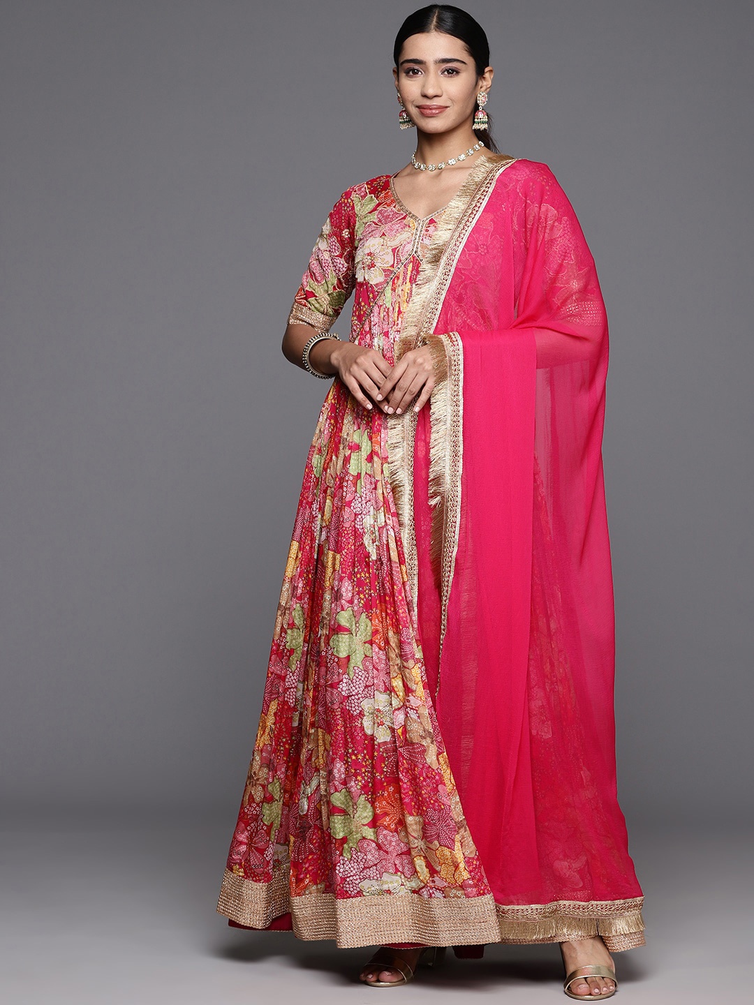 

Mitera Printed V-Neck Long Sleeves Anarkali Kurta, Fuchsia
