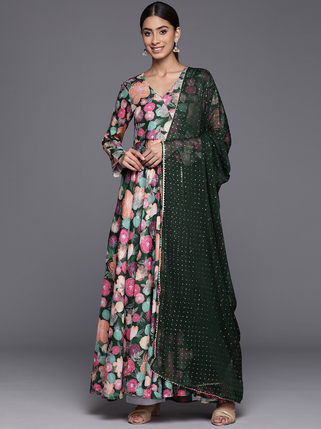 Mitera Floral Printed Cotton A-Line Kurta, Green