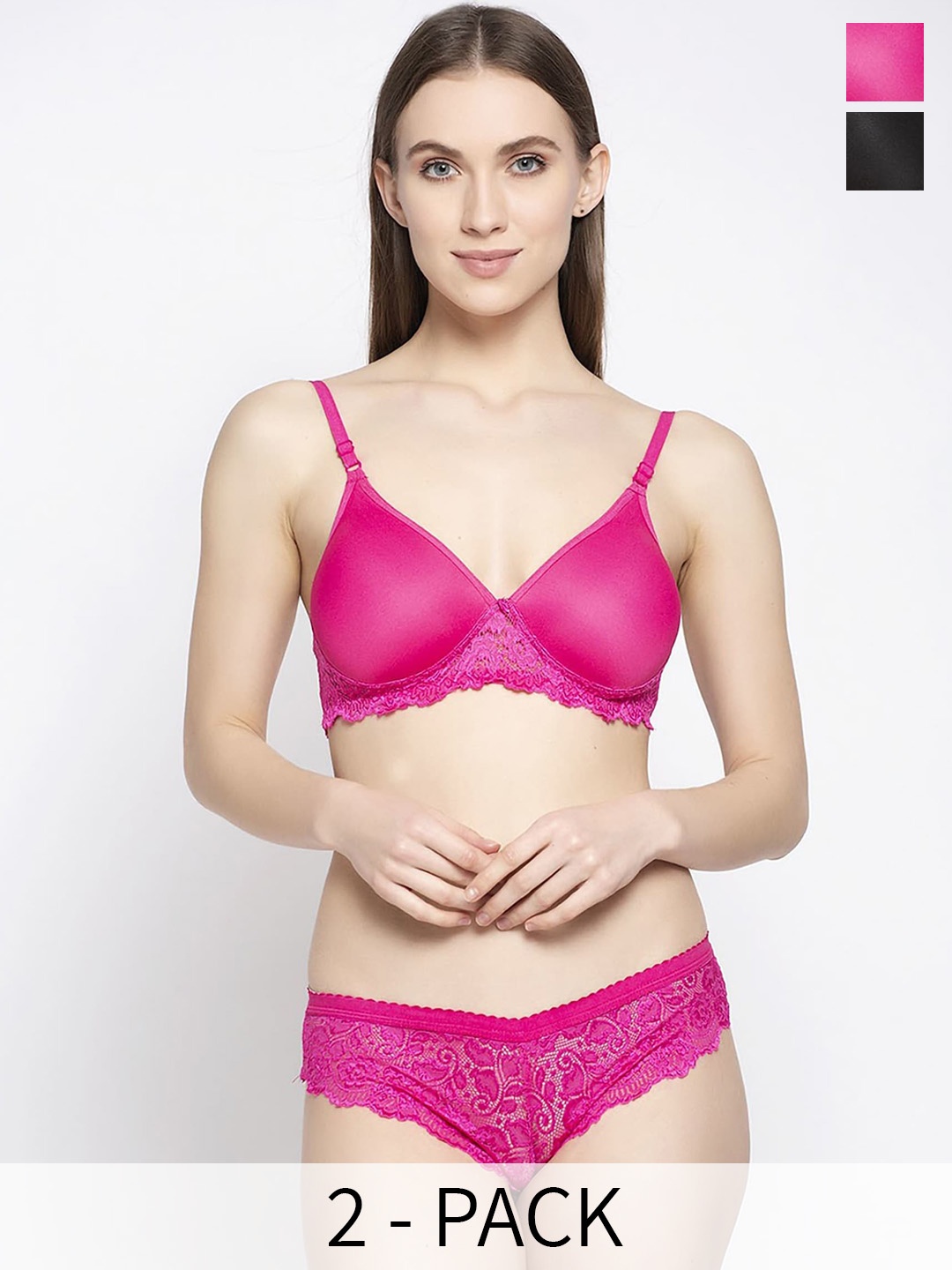

PIBU Pack Of 2 Self Design Lightly Padded Nylon Bra With Brief, Black