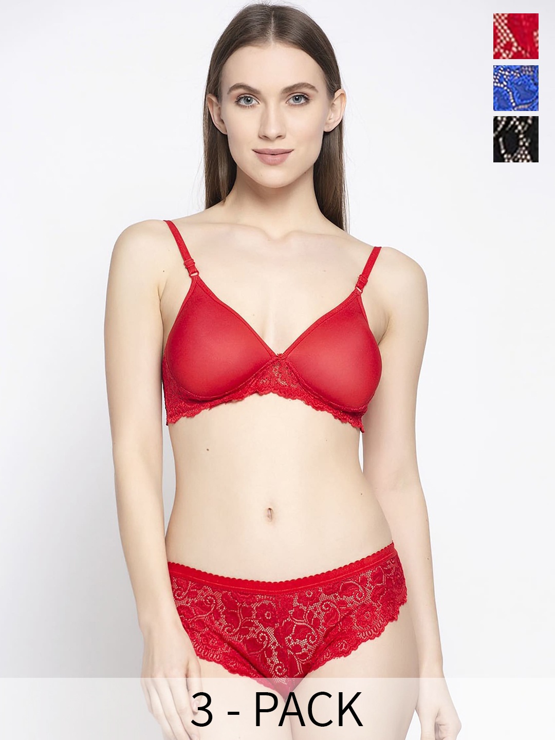 

PIBU Pack of 3 Self Design Lightly Padded Nylon Bra With Brief, Red