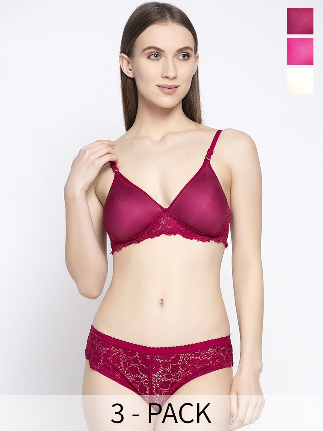 

PIBU Pack Of 3 Self Design Lingerie Set, Pink