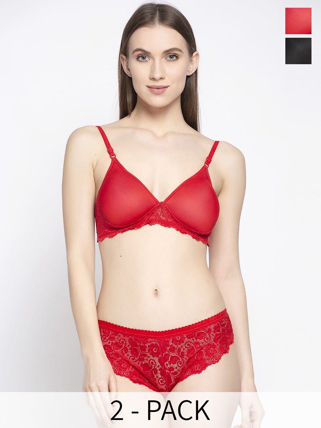 

PIBU Pack of 2 Lightly Padded Net Bra & Panty Lingerie Set, Red