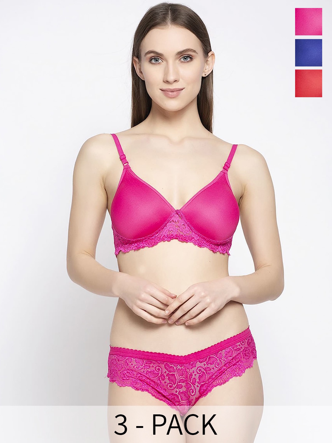 

PIBU Pack of 3 Self Design Lightly Padded Nylon Bra With Brief, Red