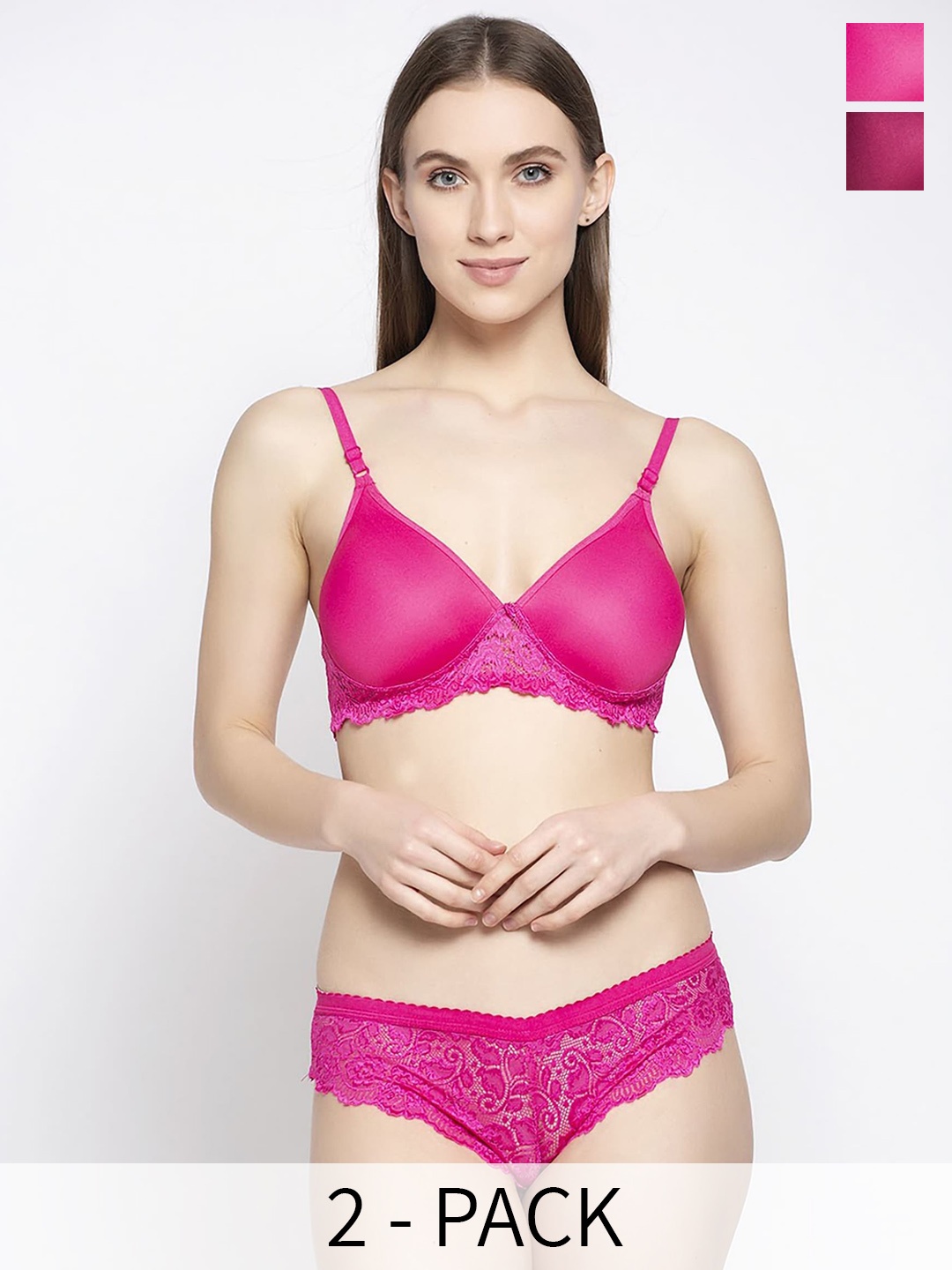 PIBU Pack of 2 Lightly Padded Net Bra & Panty Lingerie Set, Pink