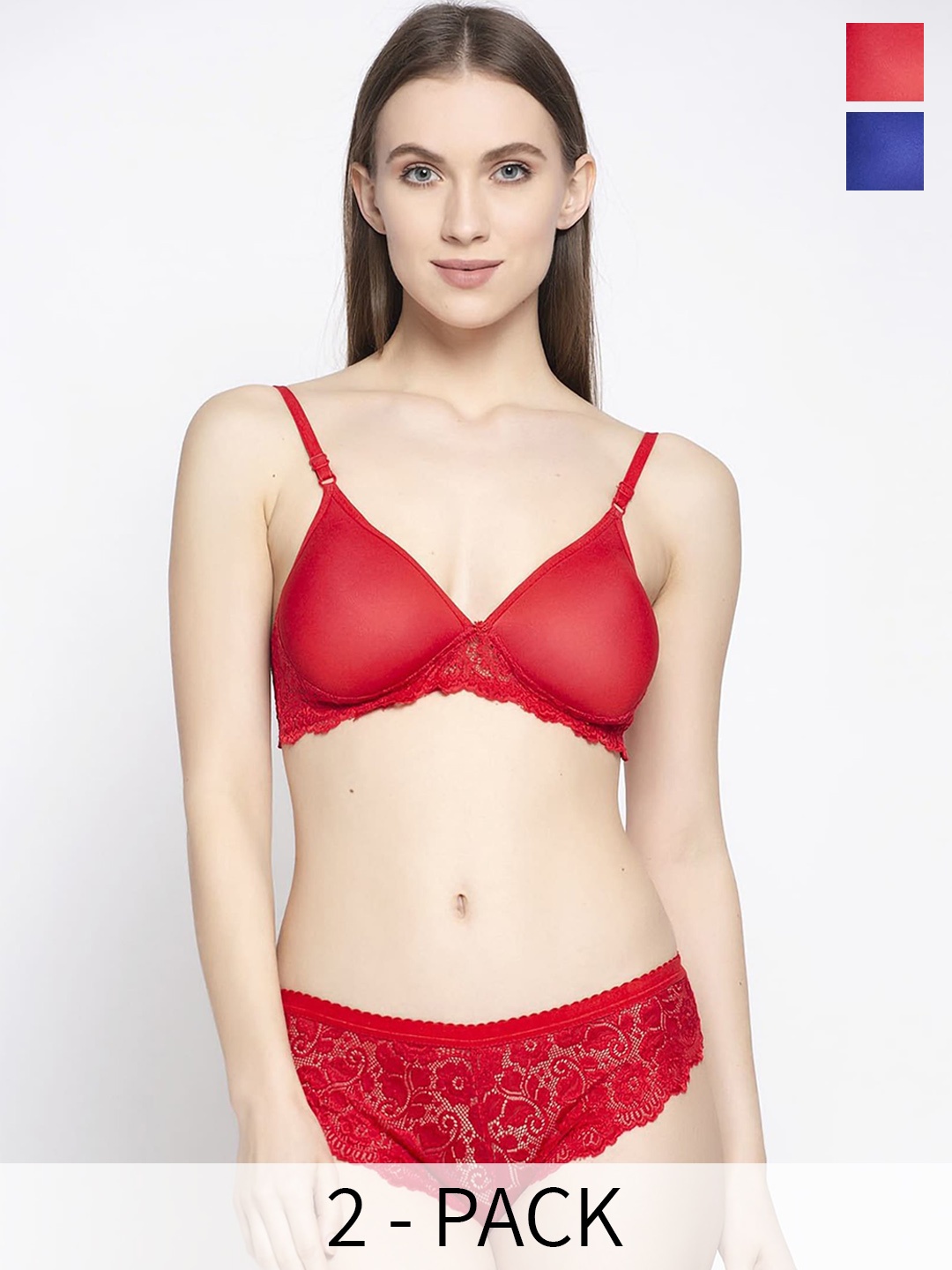 

AROUSY Pack of 2 Lightly Padded Net Bra & Panty Lingerie Set, Red