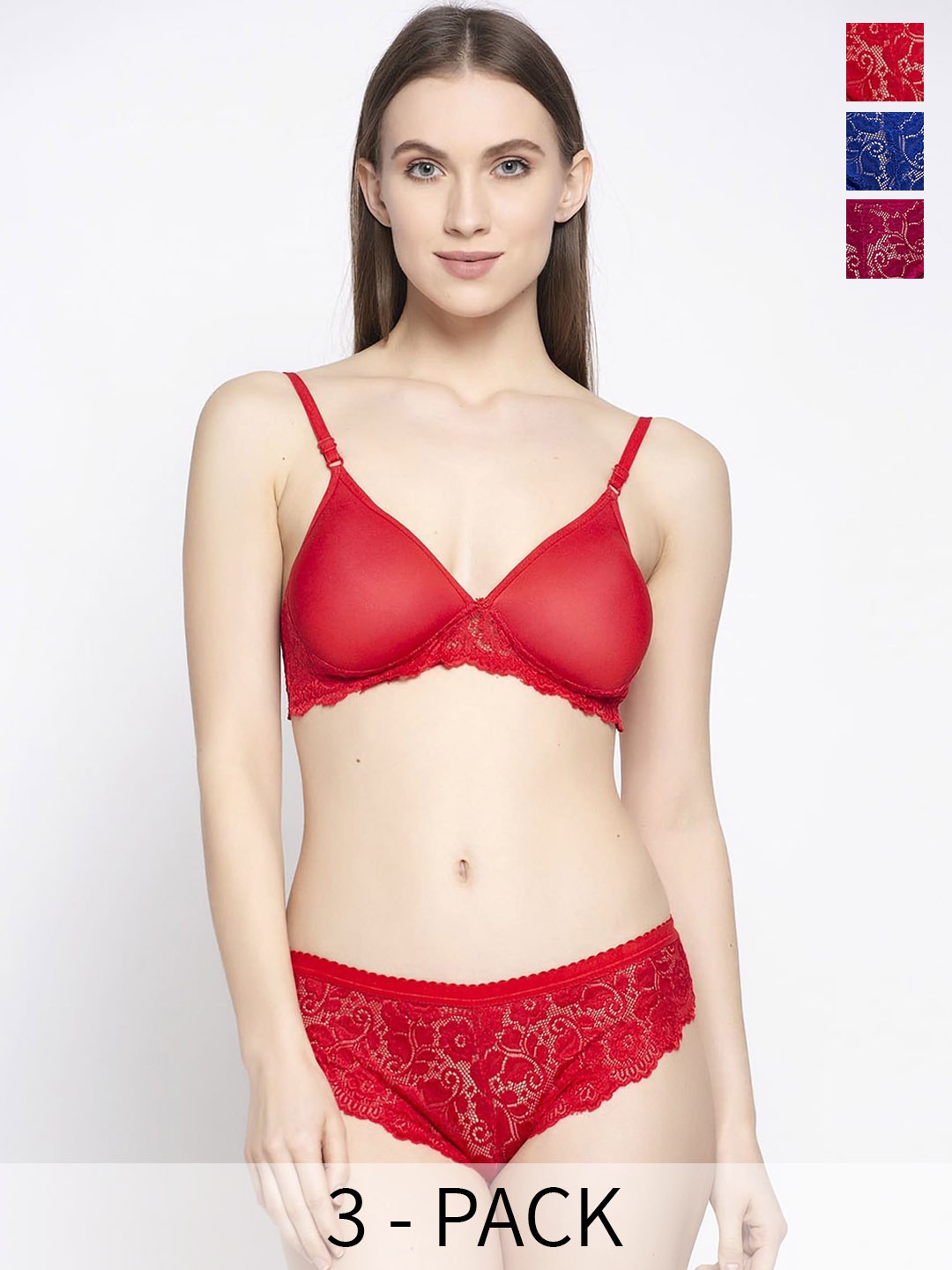 

AROUSY Pack Of 3 Self Design Lingerie Set, Red