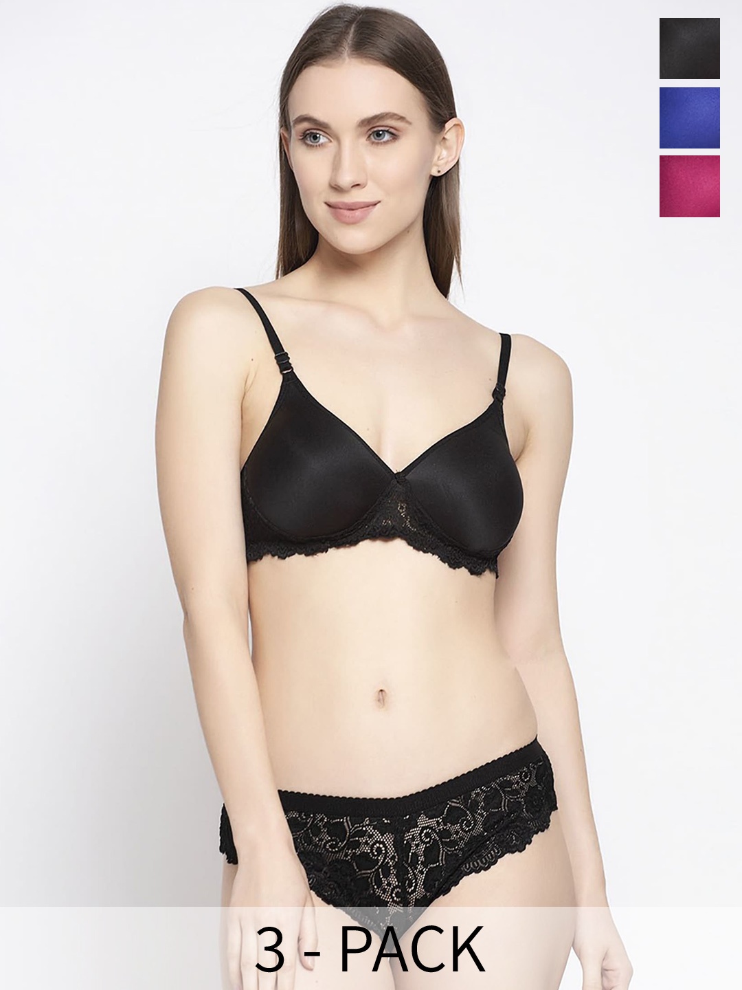 

Aamarsh Pack Of 3 Self Design Lingerie Set, Black