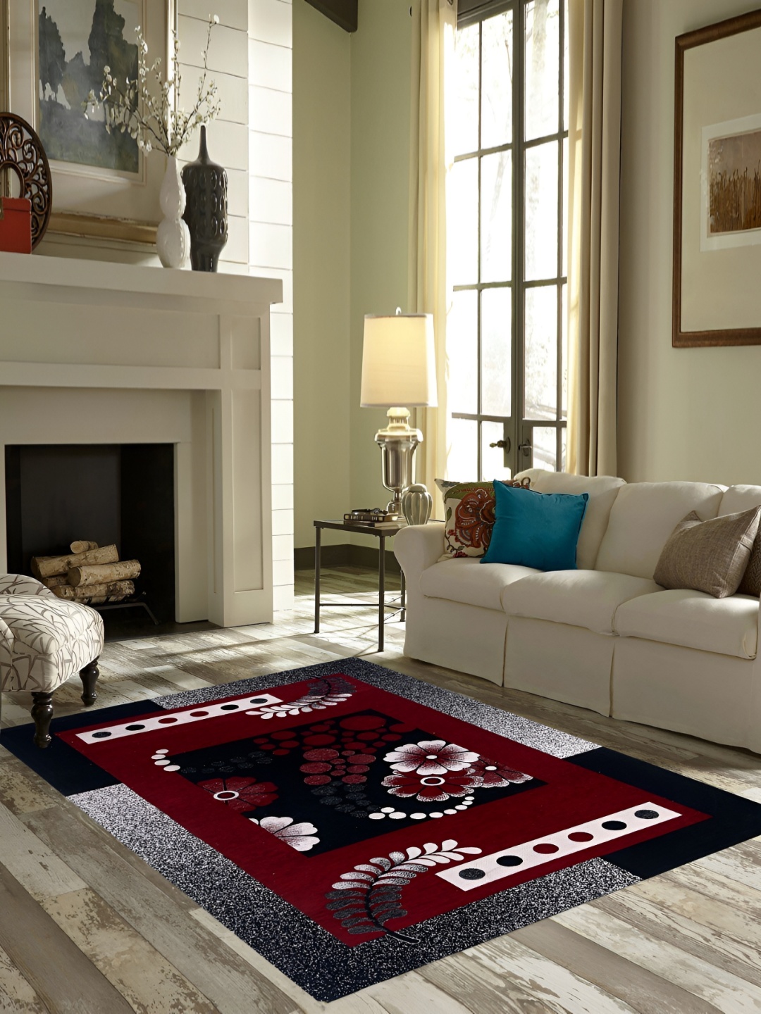 

ZESTURE Red & White Floral Rectangle Shaped Carpet
