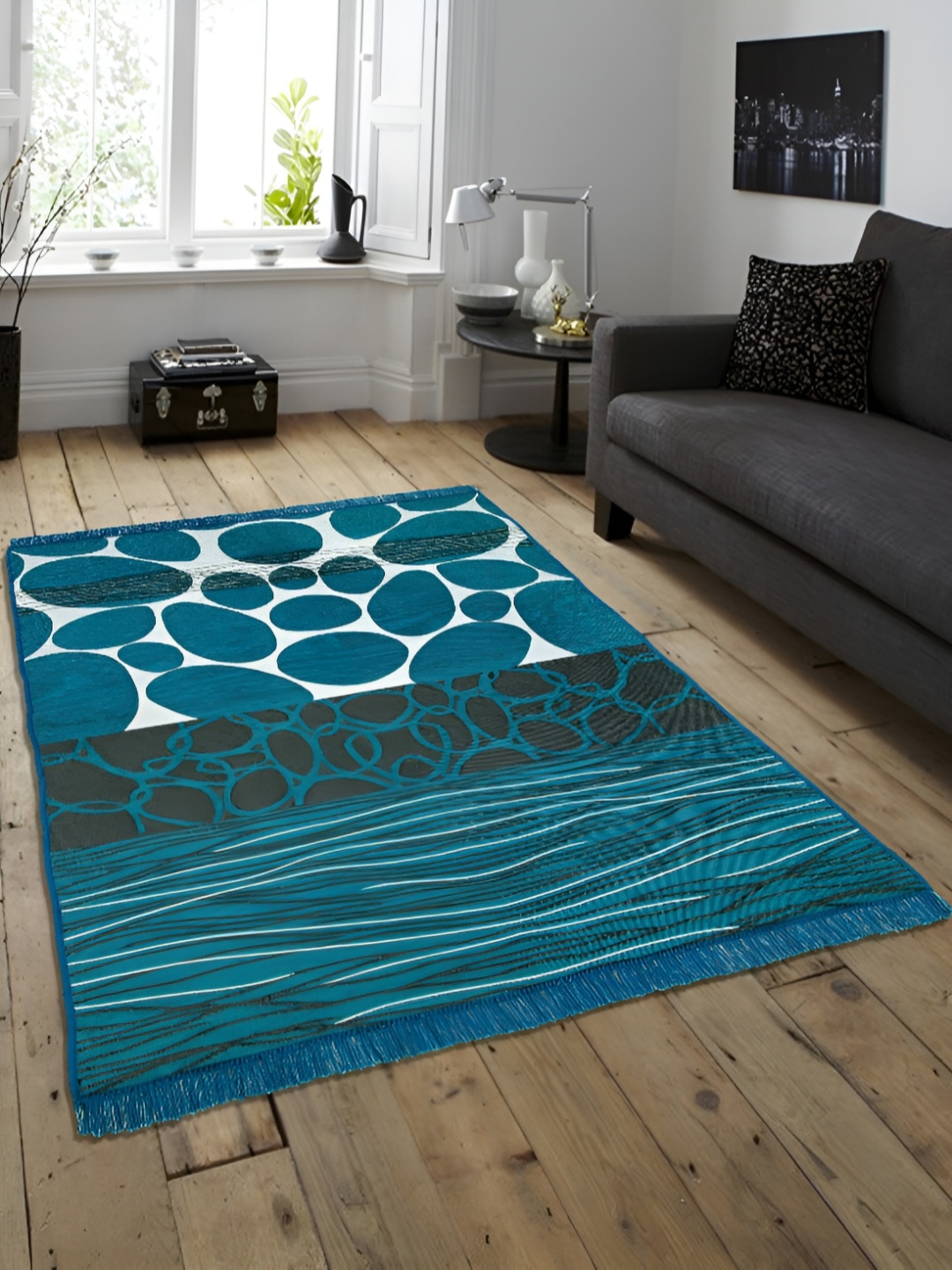 ZESTURE Blue Abstract Printed Carpet