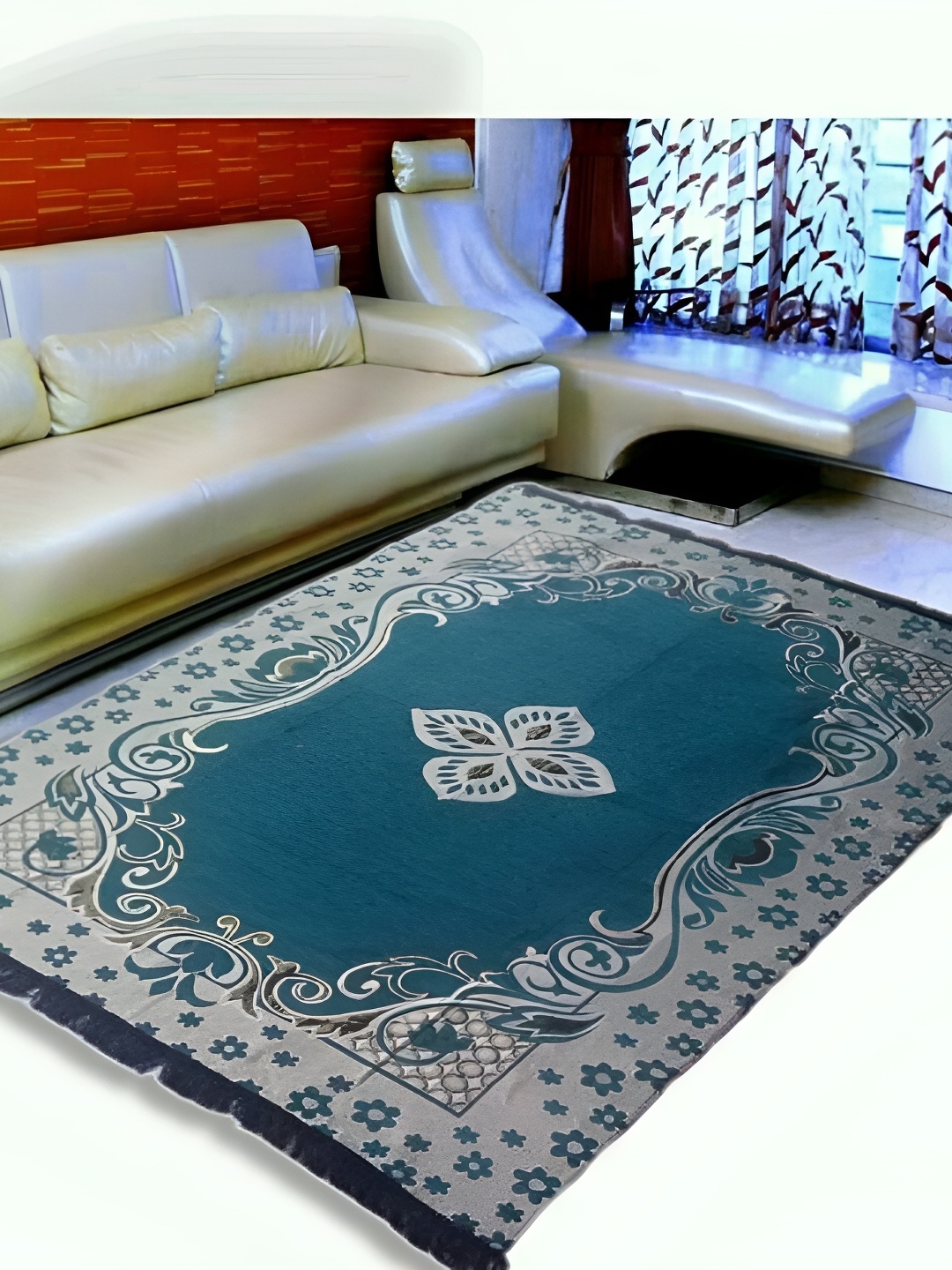 ZESTURE Blue Floral Polyester Carpet