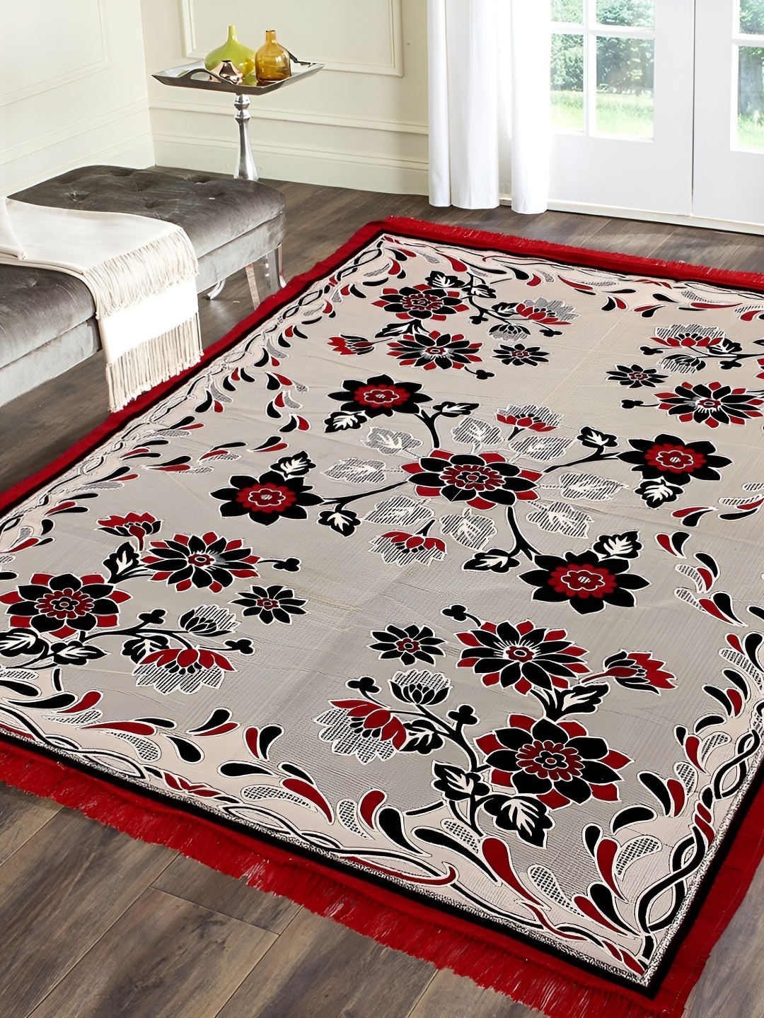 ZESTURE Maroon Floral Printed Carpet