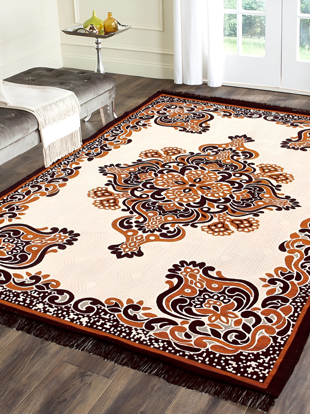 ZESTURE Orange & Beige Floral Printed Carpet