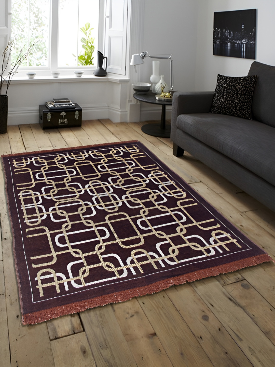 

ZESTURE Brown & White Abstract Rectangle Carpet