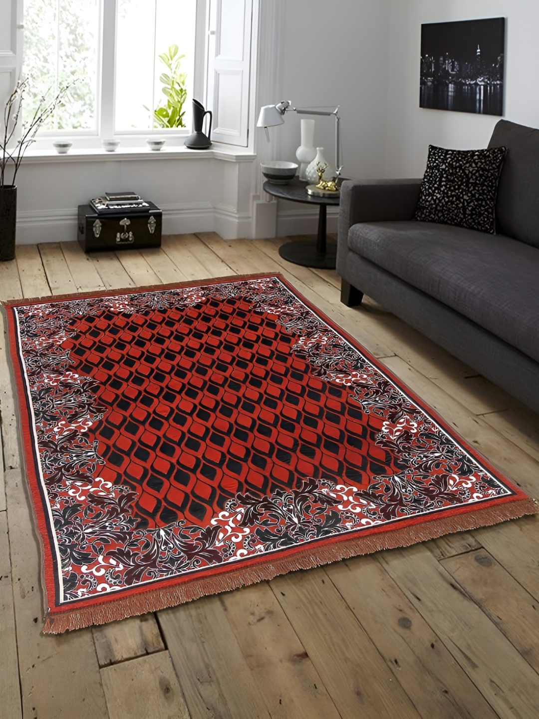 

ZESTURE Red Floral Printed Carpet