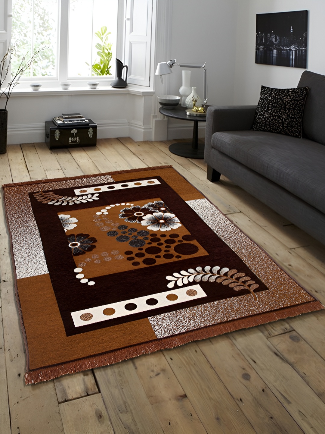 

ZESTURE Brown Floral Printed Carpet