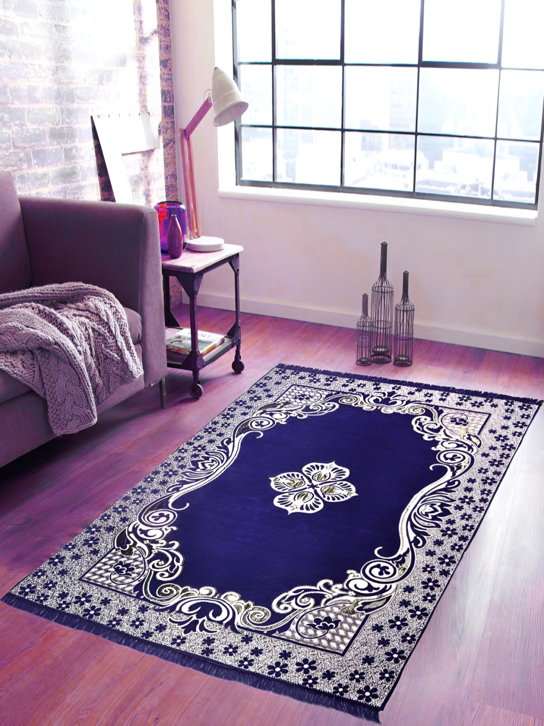 ZESTURE Blue Floral Printed Carpet