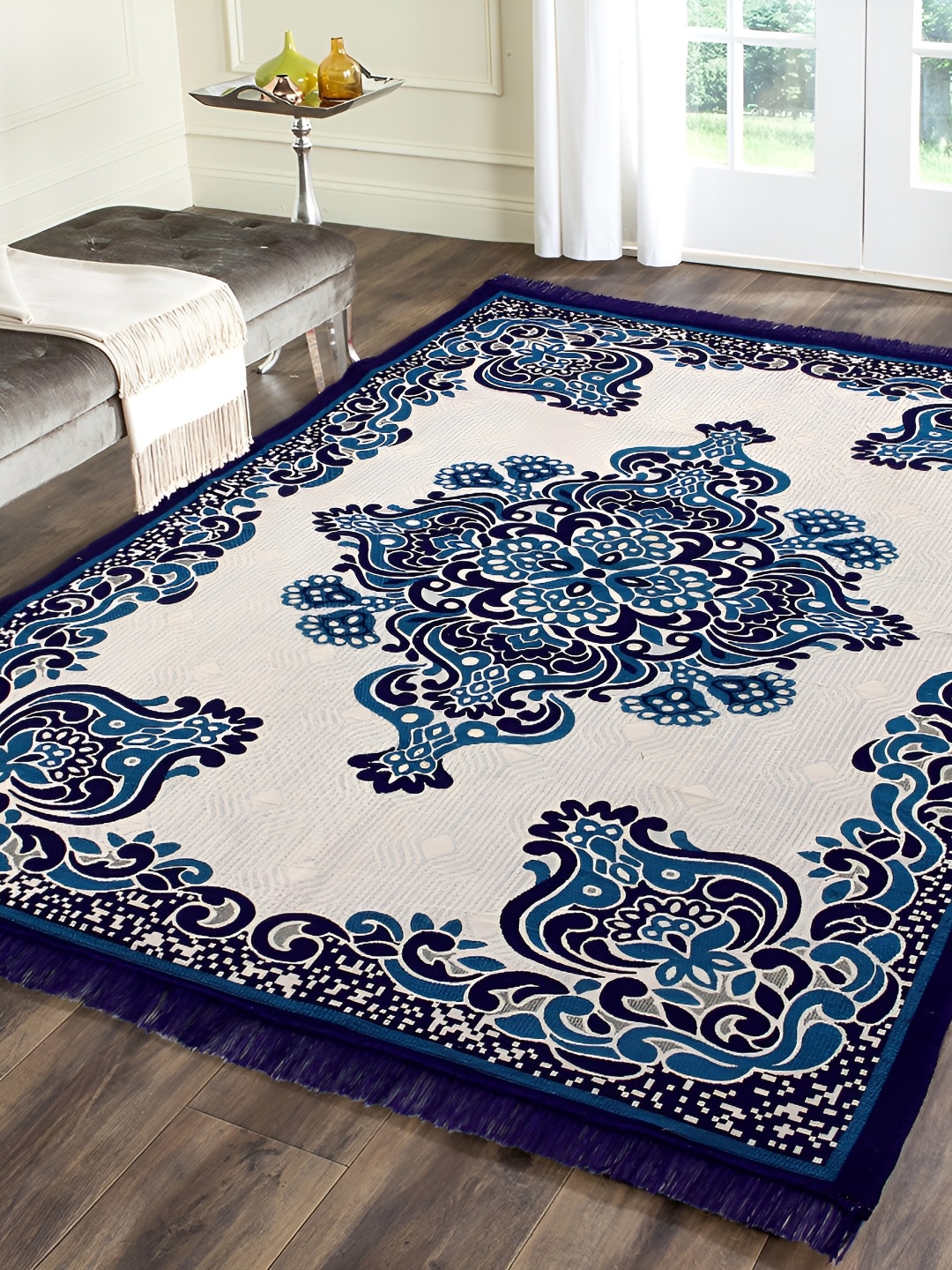 

ZESTURE Blue Floral Printed Carpet, Multi