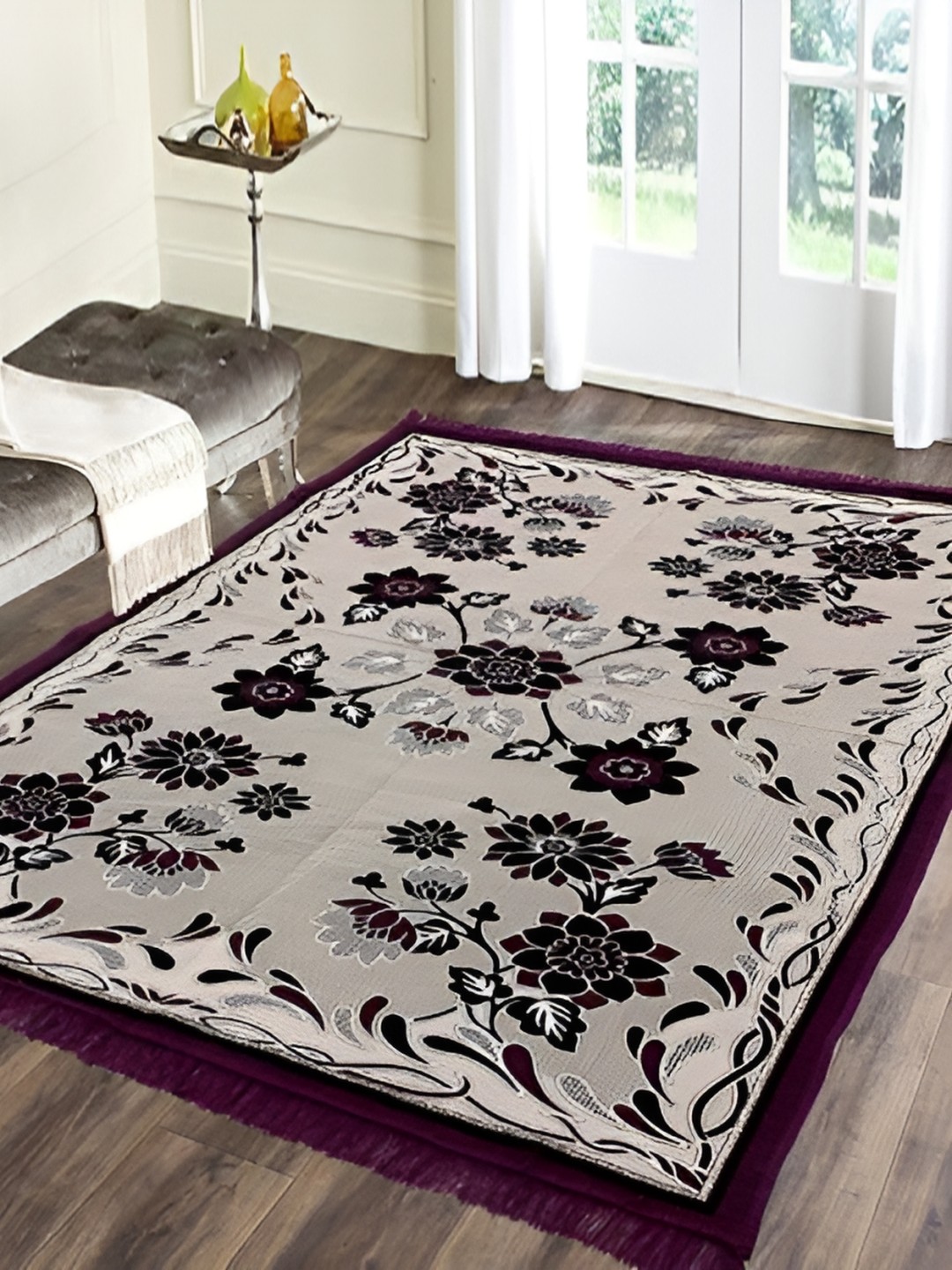 

ZESTURE Cream & Purple Floral Printed Carpet
