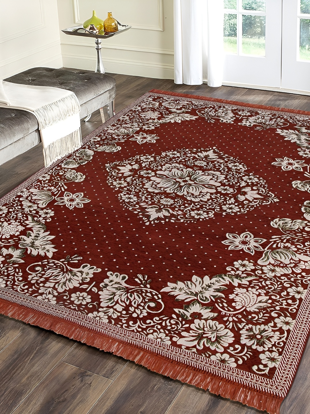ZESTURE Red & White Floral Printed Carpet