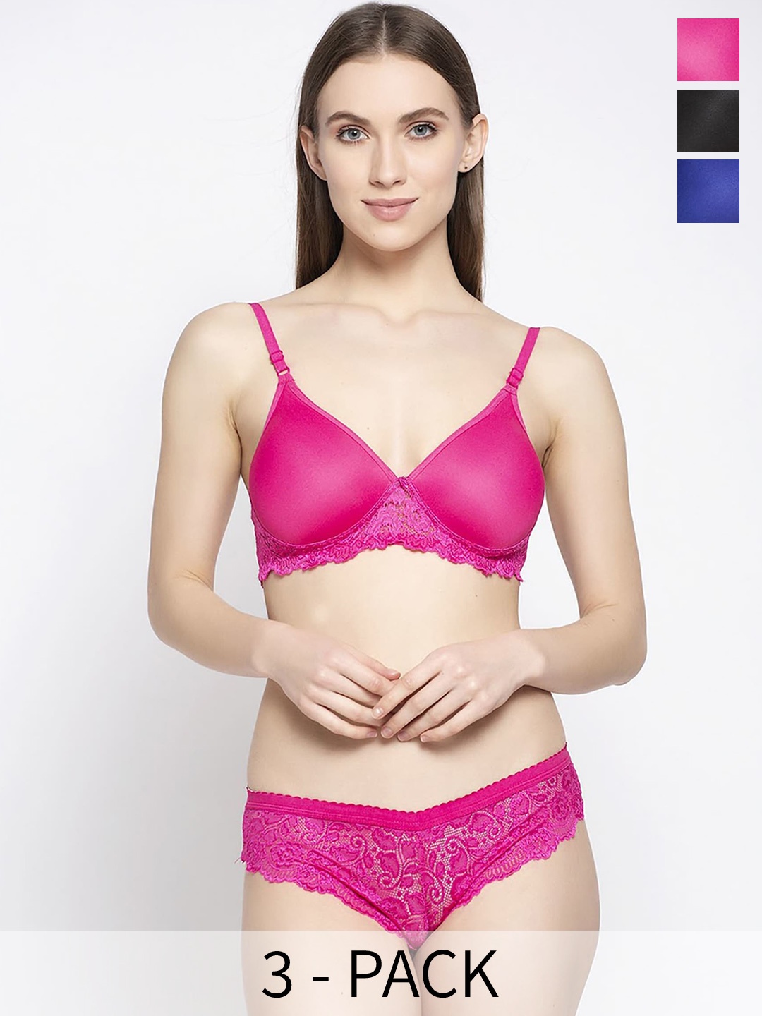 

In-Curve Pack Of 3 Self Design Lingerie Set E_Purvi set_B,Bl,P, Pink