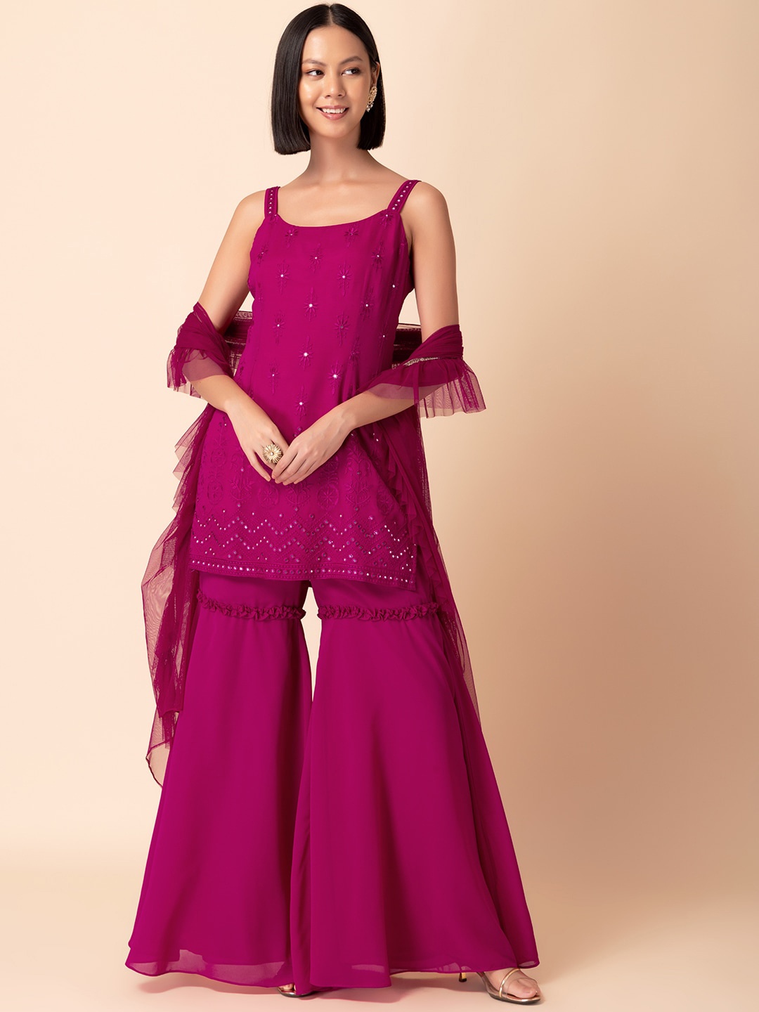 

INDYA Embroidered A-Line Kurta With Sharara & Dupatta, Pink