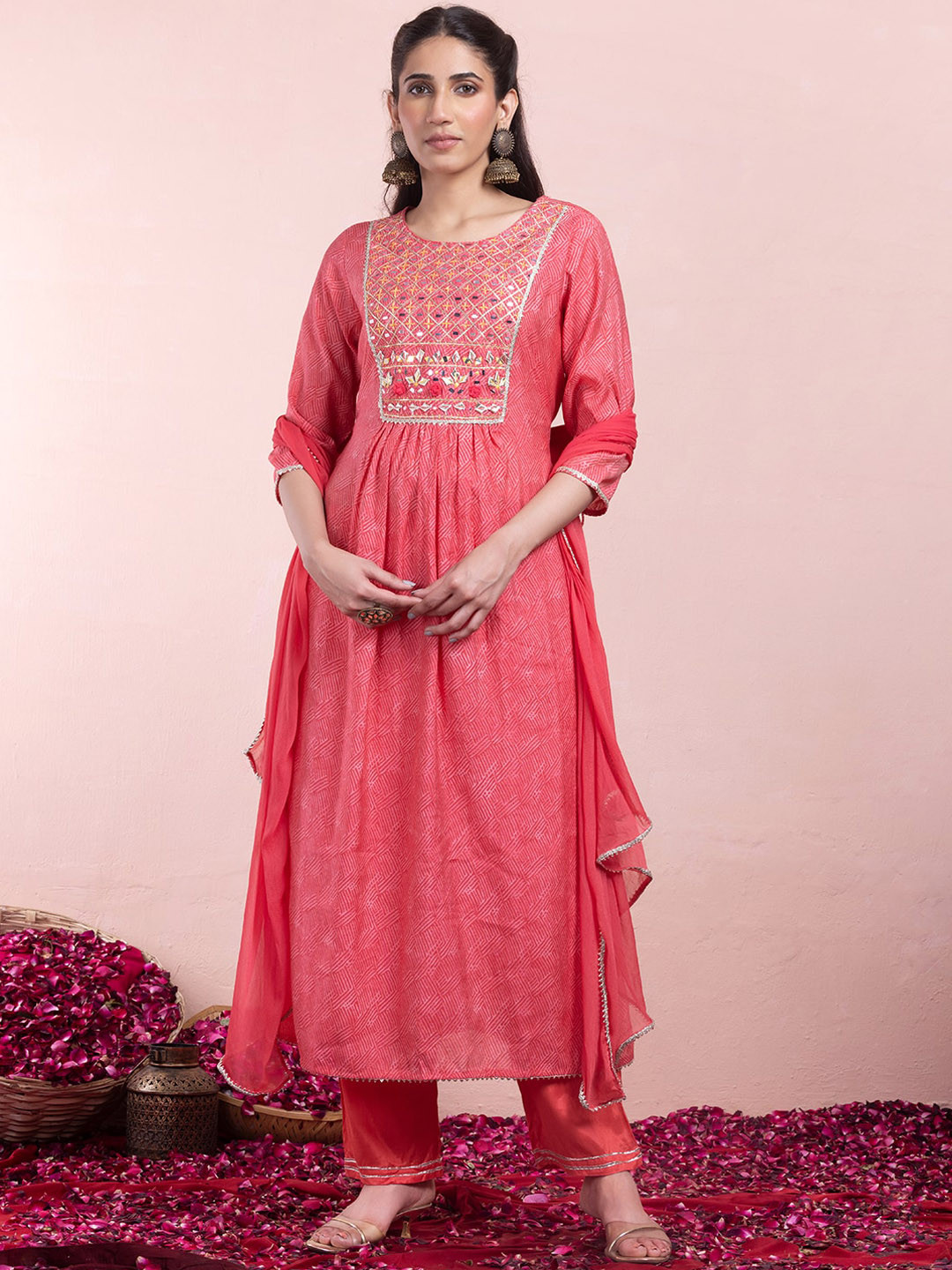 

INDYA Bandhni Printed Pure Cotton A-Line Kurta With Trouser & Dupatta, Pink