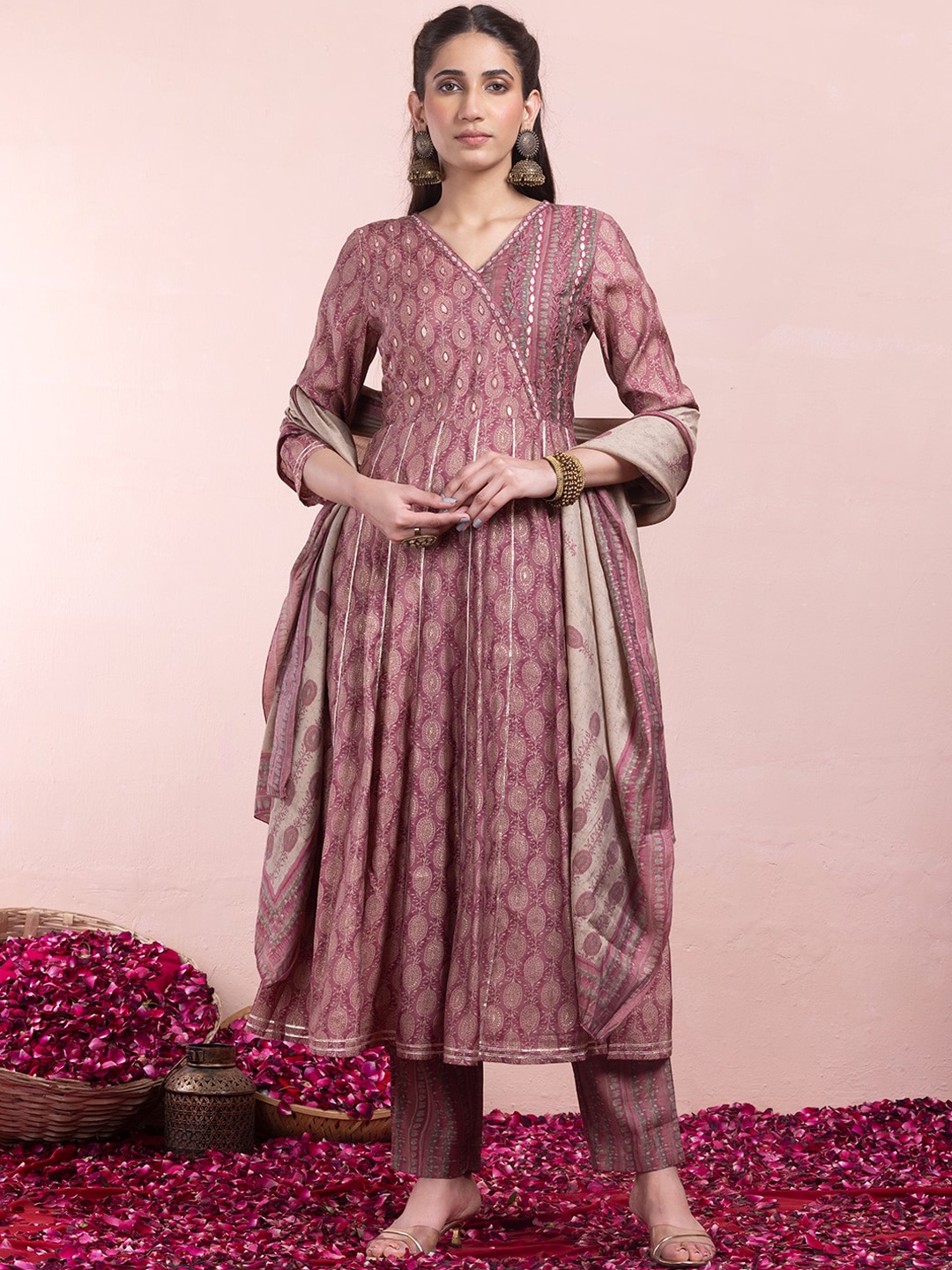 

INDYA Printed Kurta With Trouser & Dupatta, Pink