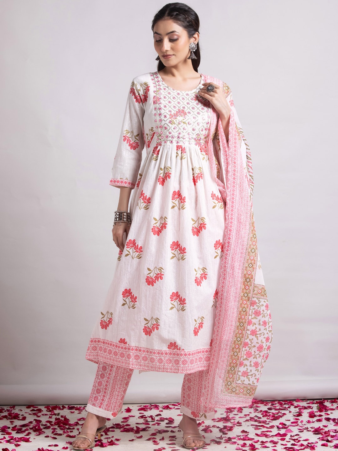 INDYA Floral Printed Pure Cotton Anarkali Kurta With Trouser & Dupatta, Pink