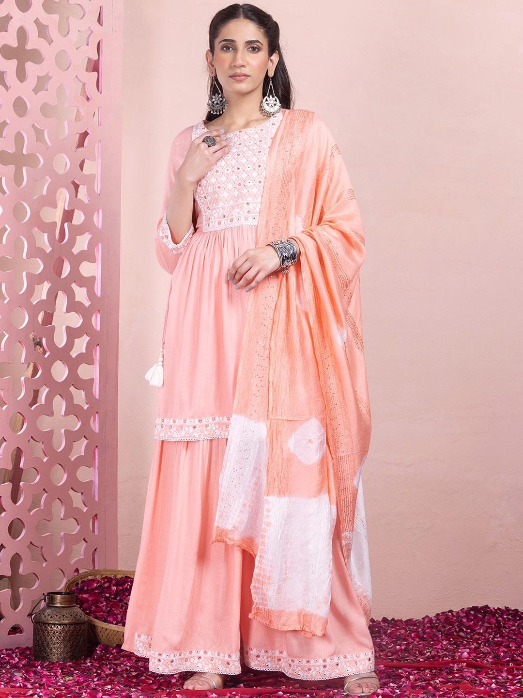 

INDYA Embroidered A-Line Kurta With Sharara & Dupatta, Peach