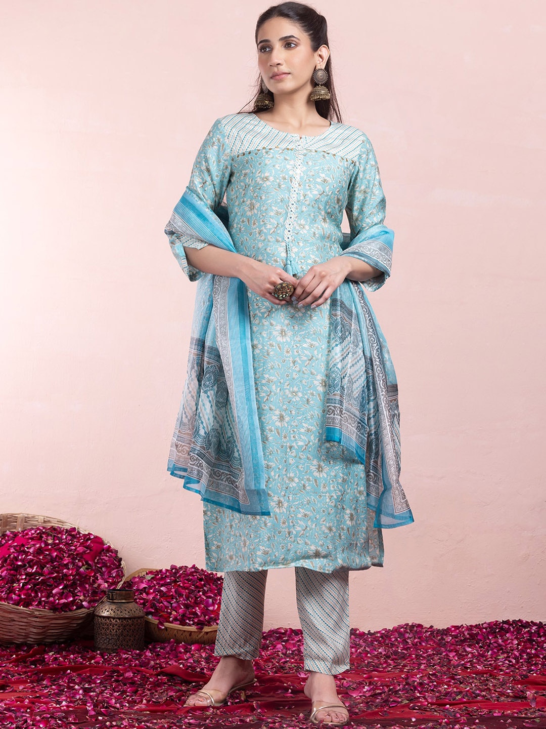 

INDYA Floral-Printed Pure-Cotton A-Line Kurta With Trouser & Dupatta, Blue