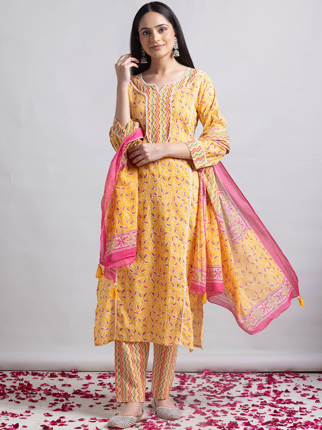 INDYA Printed Pure-Cotton A-Line Kurta With Trouser & Dupatta, Yellow