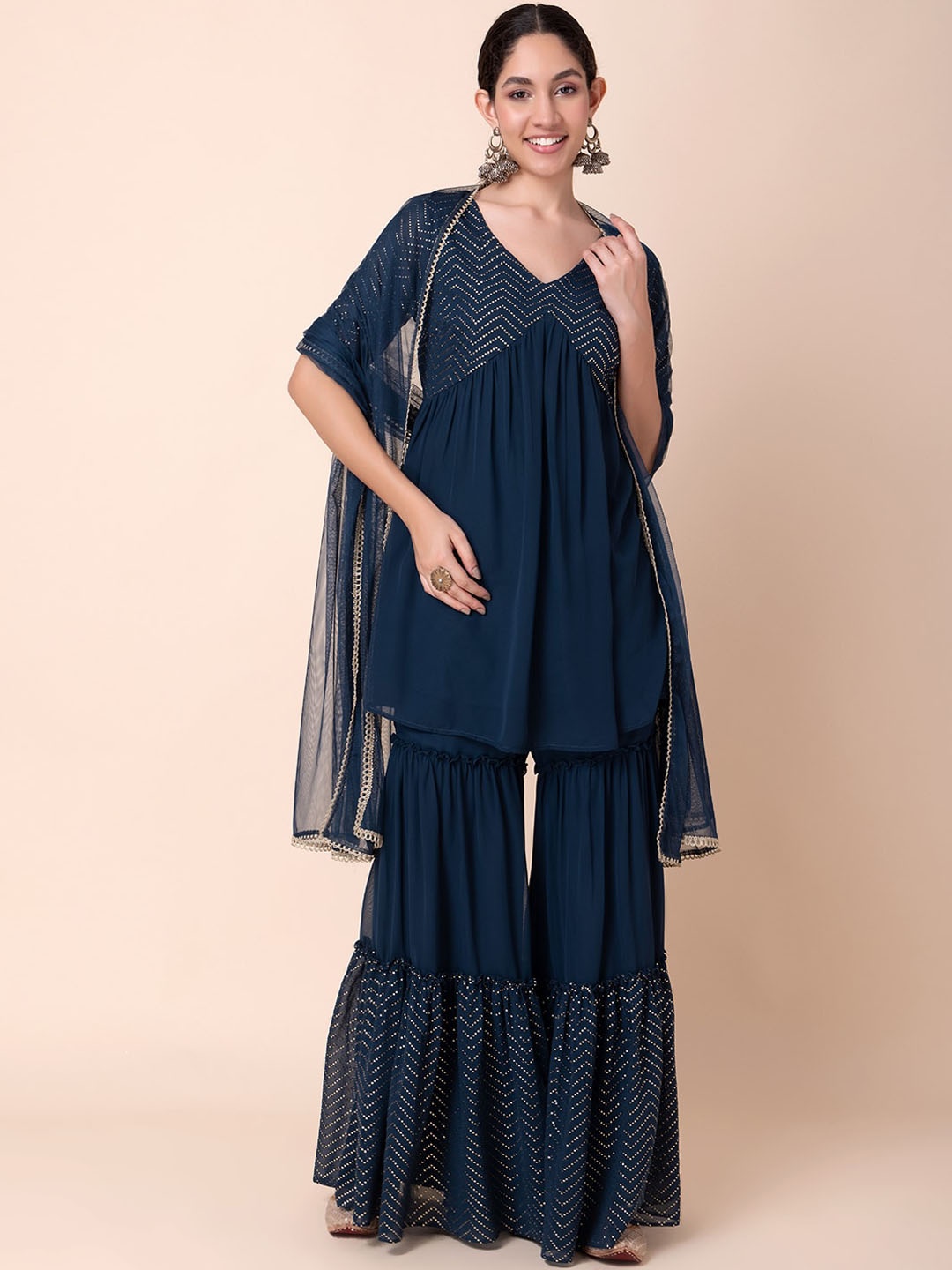 

INDYA Foil-Printed A-Line Kurta With Sharara & Dupatta, Blue