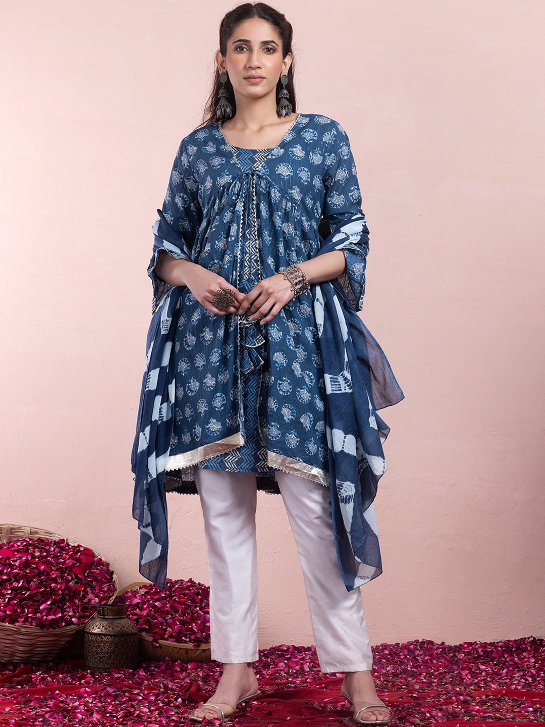 

INDYA Printed Pure Cotton Kurta With Sharara & Jacket, Blue