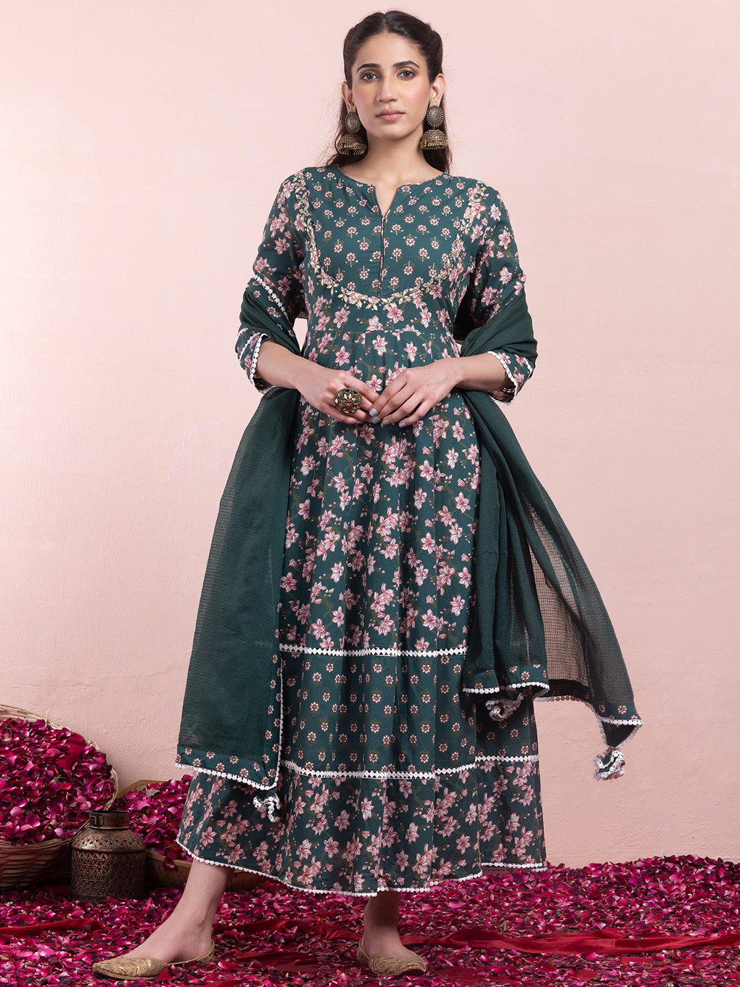 

INDYA Ethnic Motifs Printed Tiered Gotta Patti Pure Cotton Maxi Ethnic Dress With Dupatta, Green