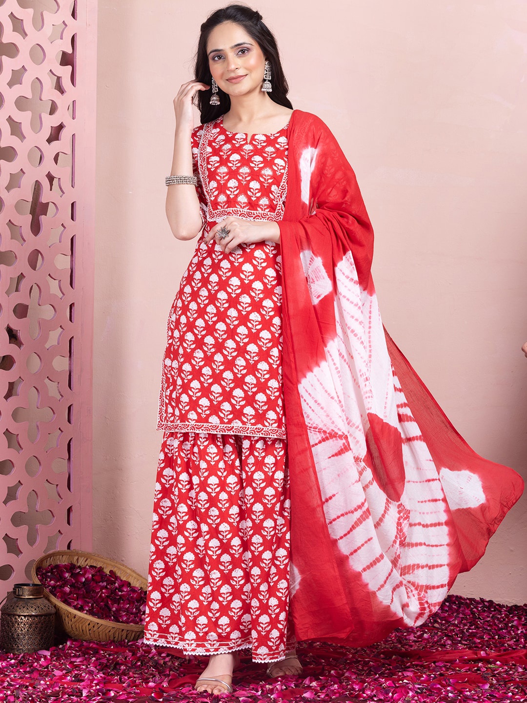 INDYA Printed Pure Cotton Kurta With Trouser & Dupatta, Red