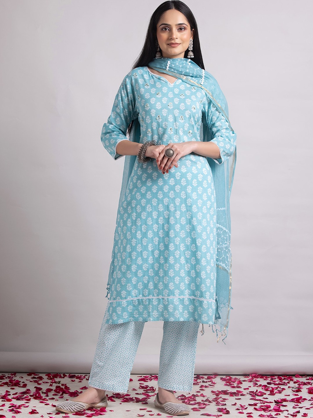 

INDYA Printed Pure Cotton Kurta With Trouser & Dupatta, Blue