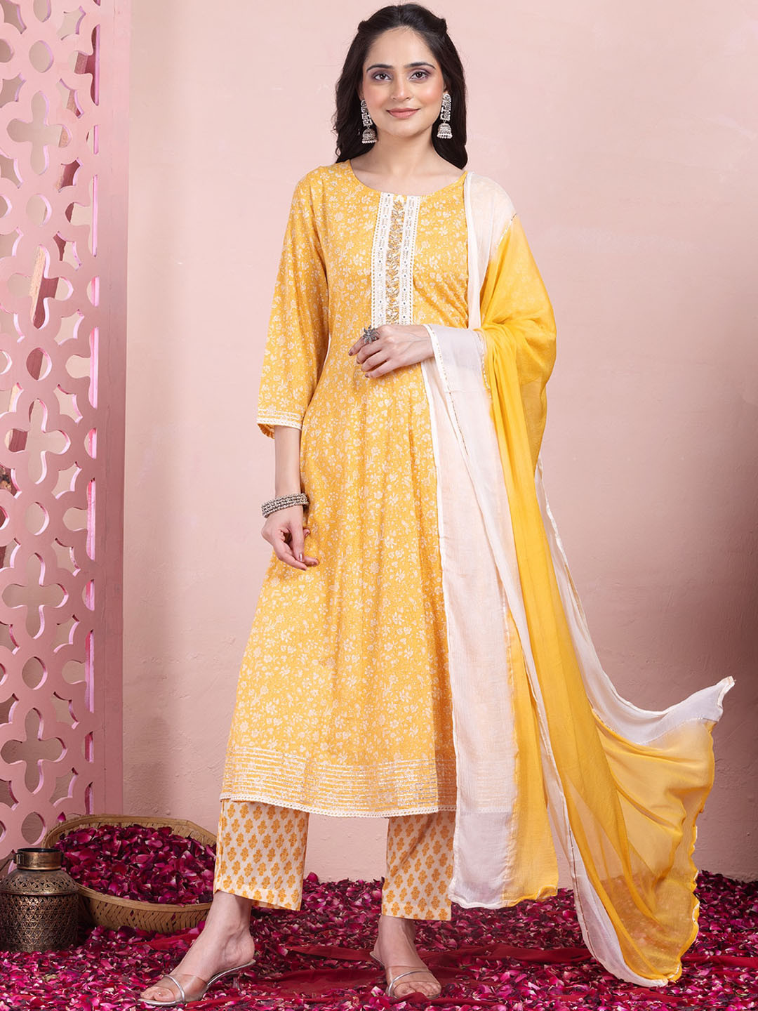 

INDYA Embroidered Pure-Cotton A-Line Kurta With Trouser & Dupatta, Yellow